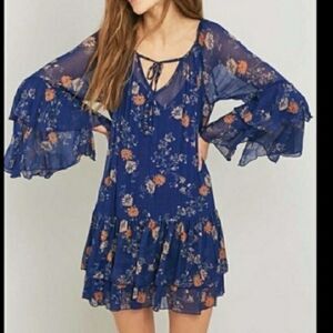 Free People Navy Blue Sunsetter Floral Ruffle Mini Dress Extra Small